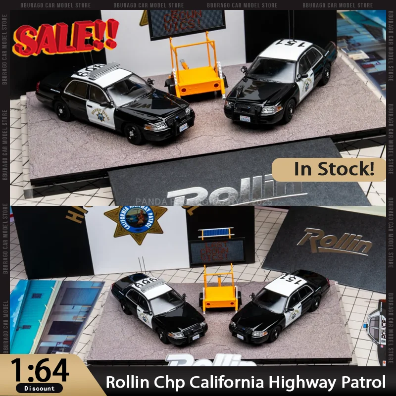 Rollin 1:64 Chp patrouille des routes de californie Victoria couronne Double voiture Pack voiture de Police jouet alliage matériel APA 2025 modèle d'exposition