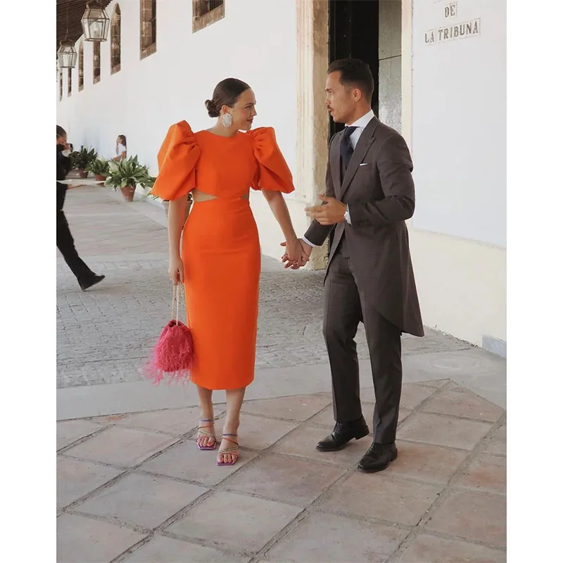 Vestido de fiesta Formal recto naranja con media manga, vestidos de noche con cuello redondo, vestido de regreso a casa, largo hasta el té, plisado, graduación