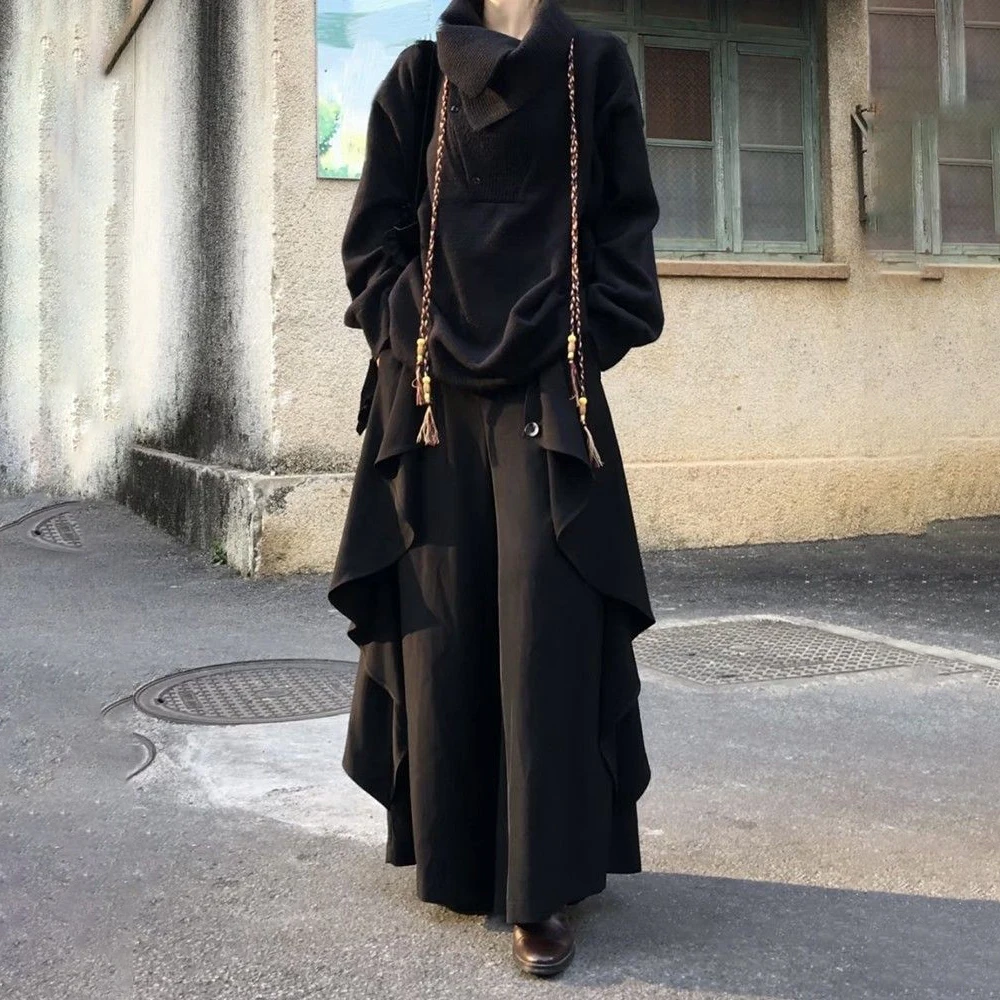 Xs-5xl Layered Flowing Loose Soft Thick Fabric Culottes Genderless Spring Fashion Niche Youth Trend Wide Leg Pants Unisex New