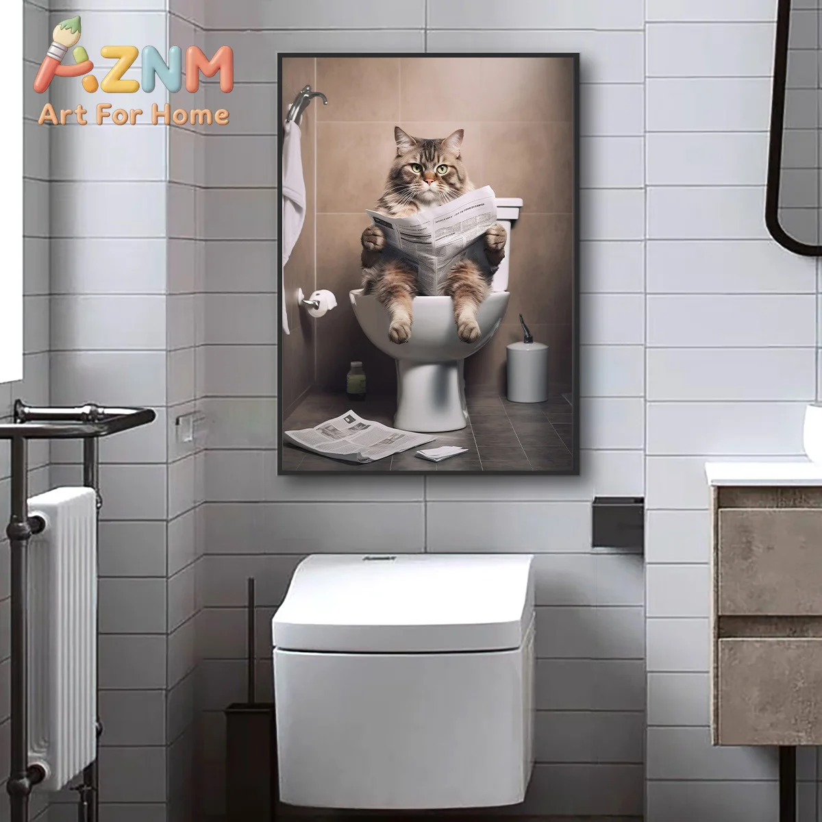 Funny cat art Cute cat sitting in toilet reading newspaper canvas painting animal wall decor bathroom decoration, frameless