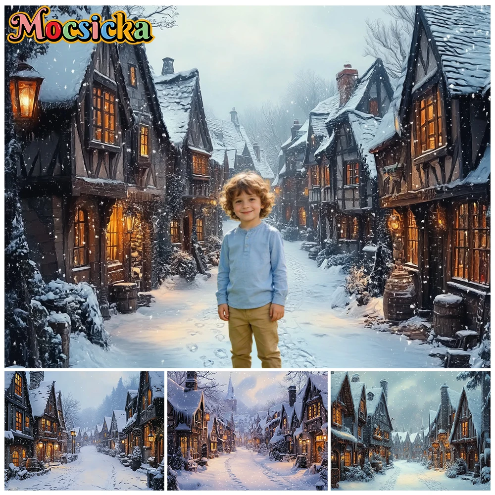 Mocsicka Snowy Town Photography Backdrop Halloween Cottage Rural Snow Street Christmas Winter Newborn Studio Decors Backgrounds