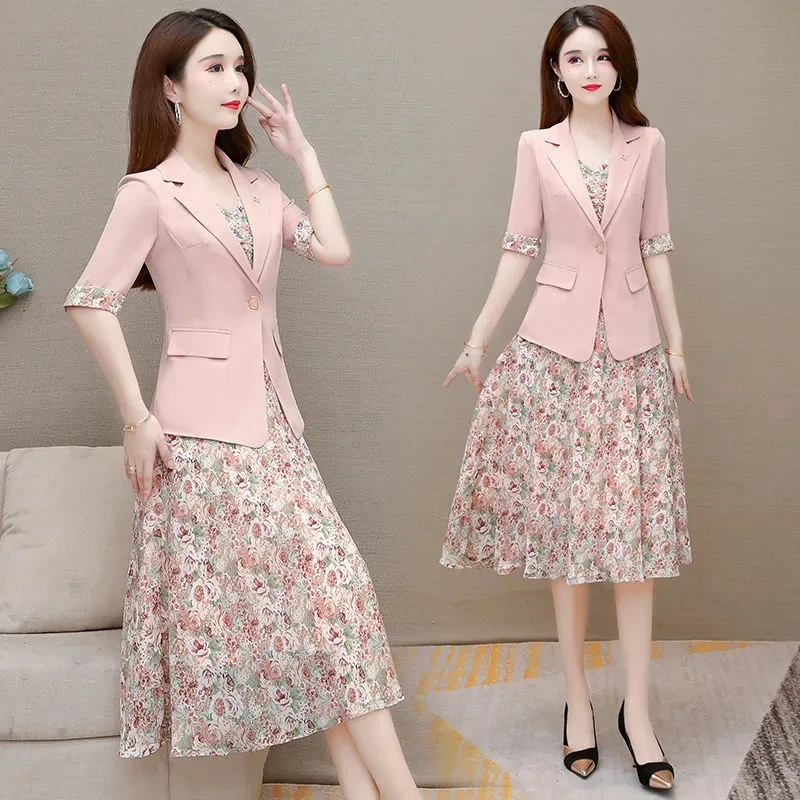 Summer Casual Floral Dress Suits Women 2 Piece Set Korean Thin Half Sleeve Blazer Jacket + Sleeveless Chiffon Tank Dress Outfits