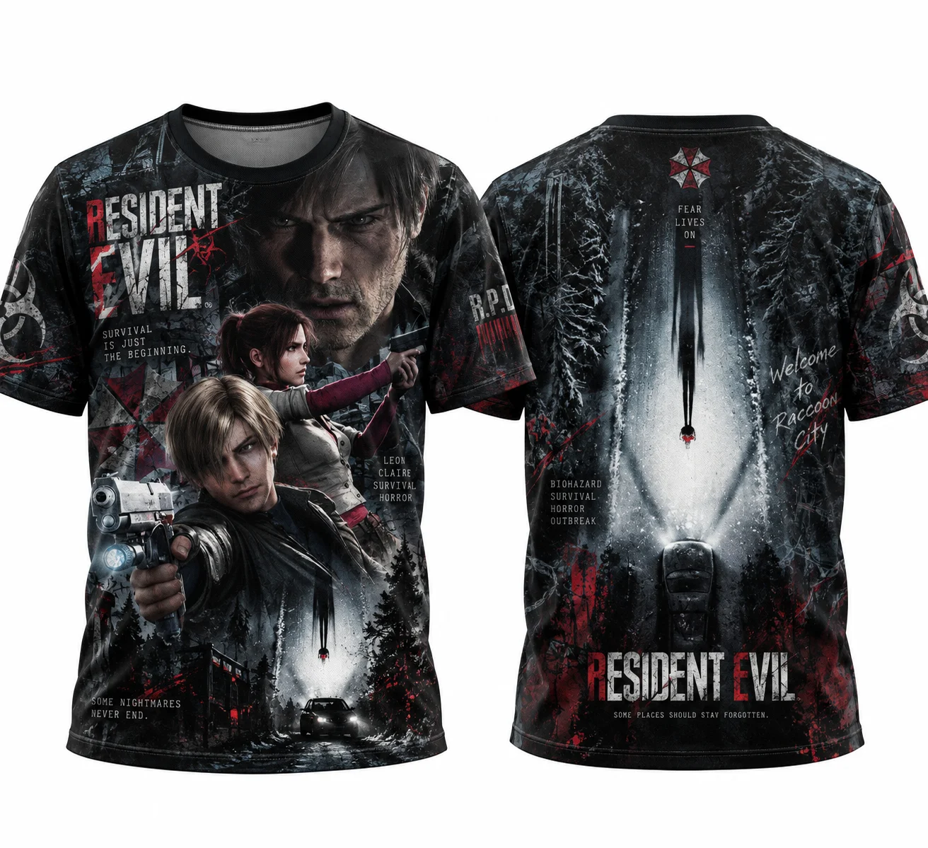 Unisex Resident Evil All‑Over Print T‑Shirt, Raccoon City Leon & Claire 3D Graphic Short Sleeve Tee, Horror Game Fan Casual Top
