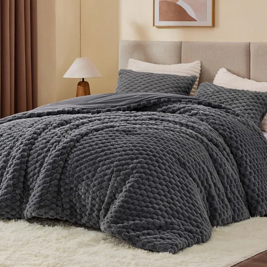 Fluffy Queen Comforter Set Grey Fleece Soft Comforter for Queen Size Bed, Luxury Warm Bedding Set for Winter, Fuzzy Bed Set 3 Pi