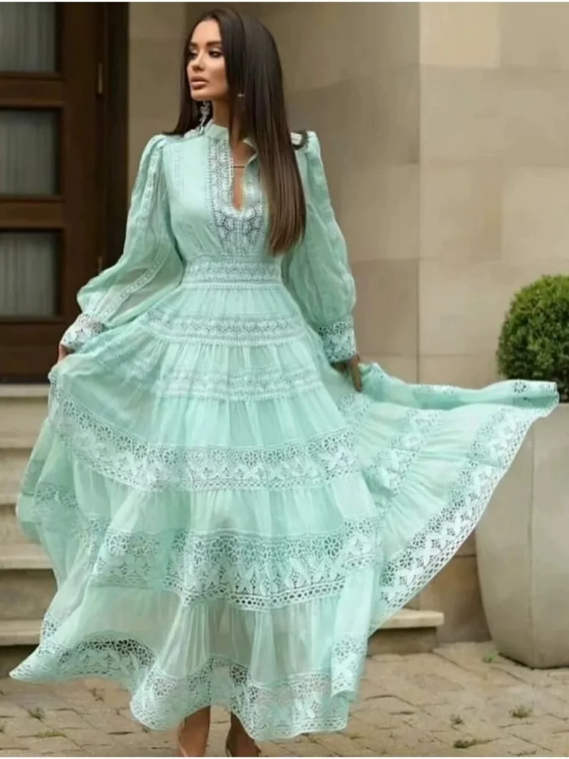 Robe longue élégante en dentelle brodée ajourée, vêtements d'automne pour femmes, manches lanternes, grandes robes trapèze, robe de bal, robe de soirée