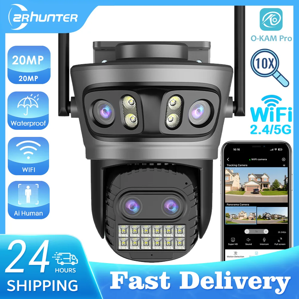 20MP PTZ IP Camera10K HD Three Lens Security Wifi Camera 10X Digital Zoom Human Detection 5Ghz/2.4Ghz WiFi Home Security Camera