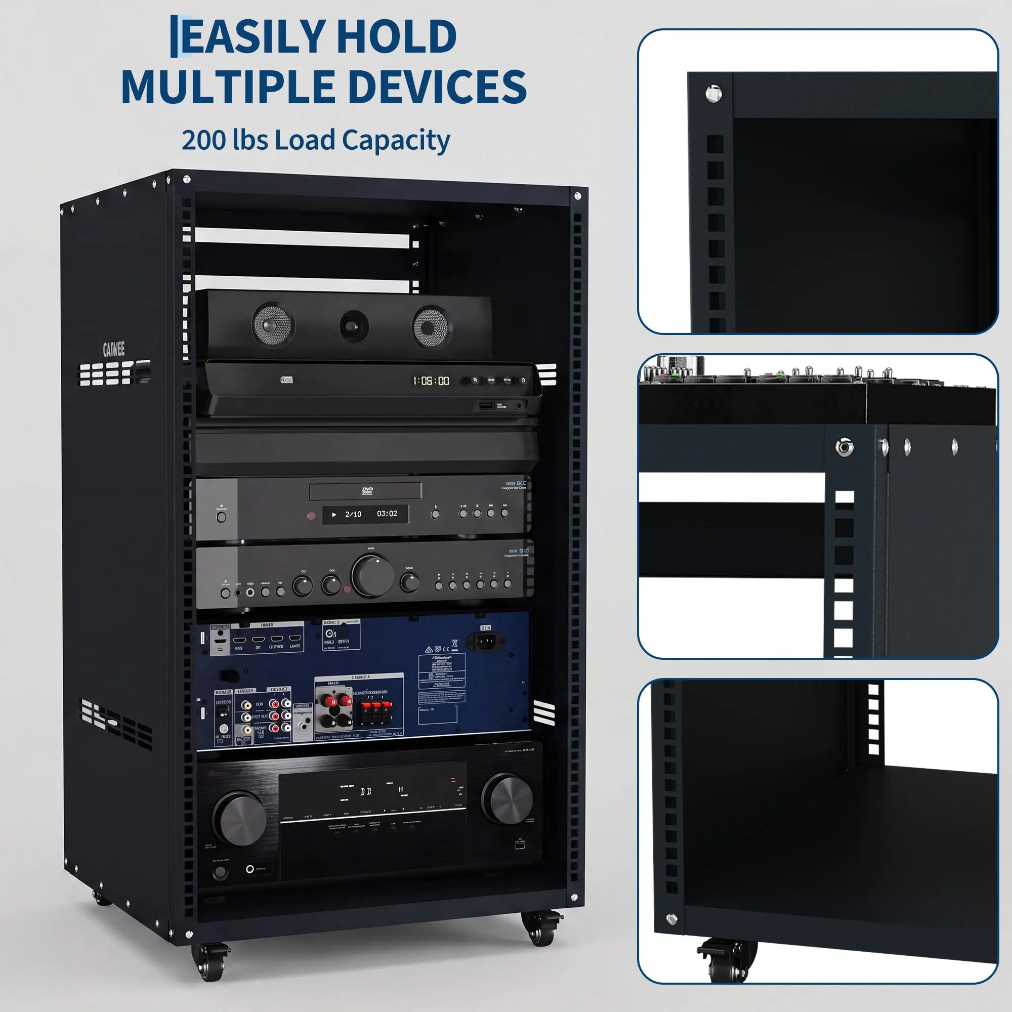 Rolling Removable Side Vented Standard Mount 12U 16U, Open Frame Design, Heavy Duty Steel, Lockable Casters, For Studio Club And Office Use