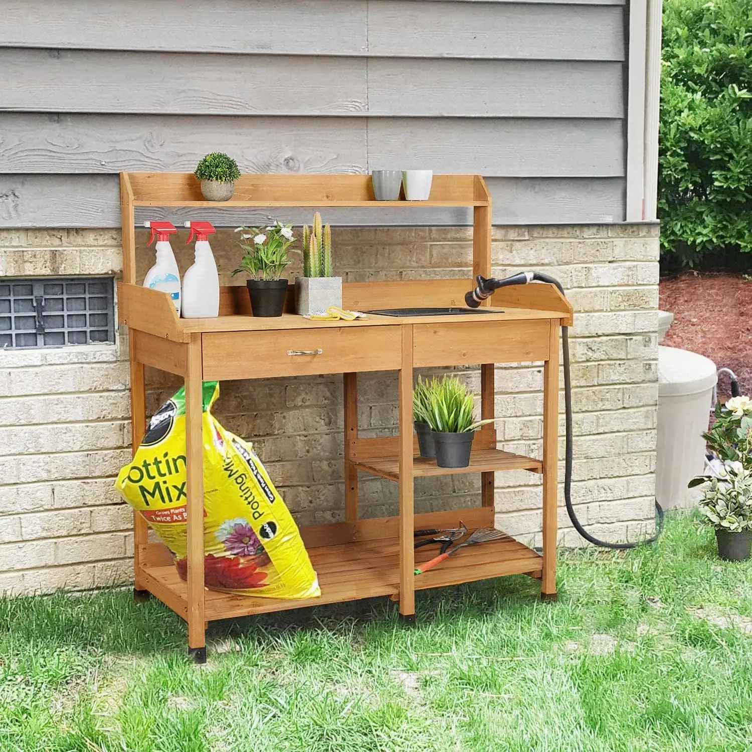 Yaheetech Potting Bench Outdoor Garden Work Bench Station Planting Solid Wood Construction w/Sink Drawer Rack Shelves