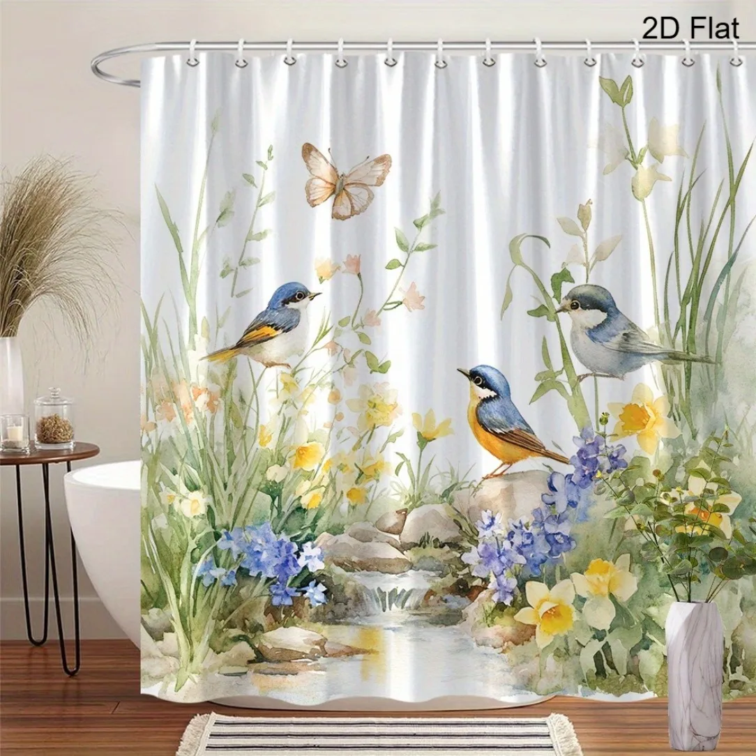 

Birds and Flowers Shower Curtain Watercolor Nature Scene Spring Garden Art Waterproof Bathroom Decor Polyester Fabric with Hooks