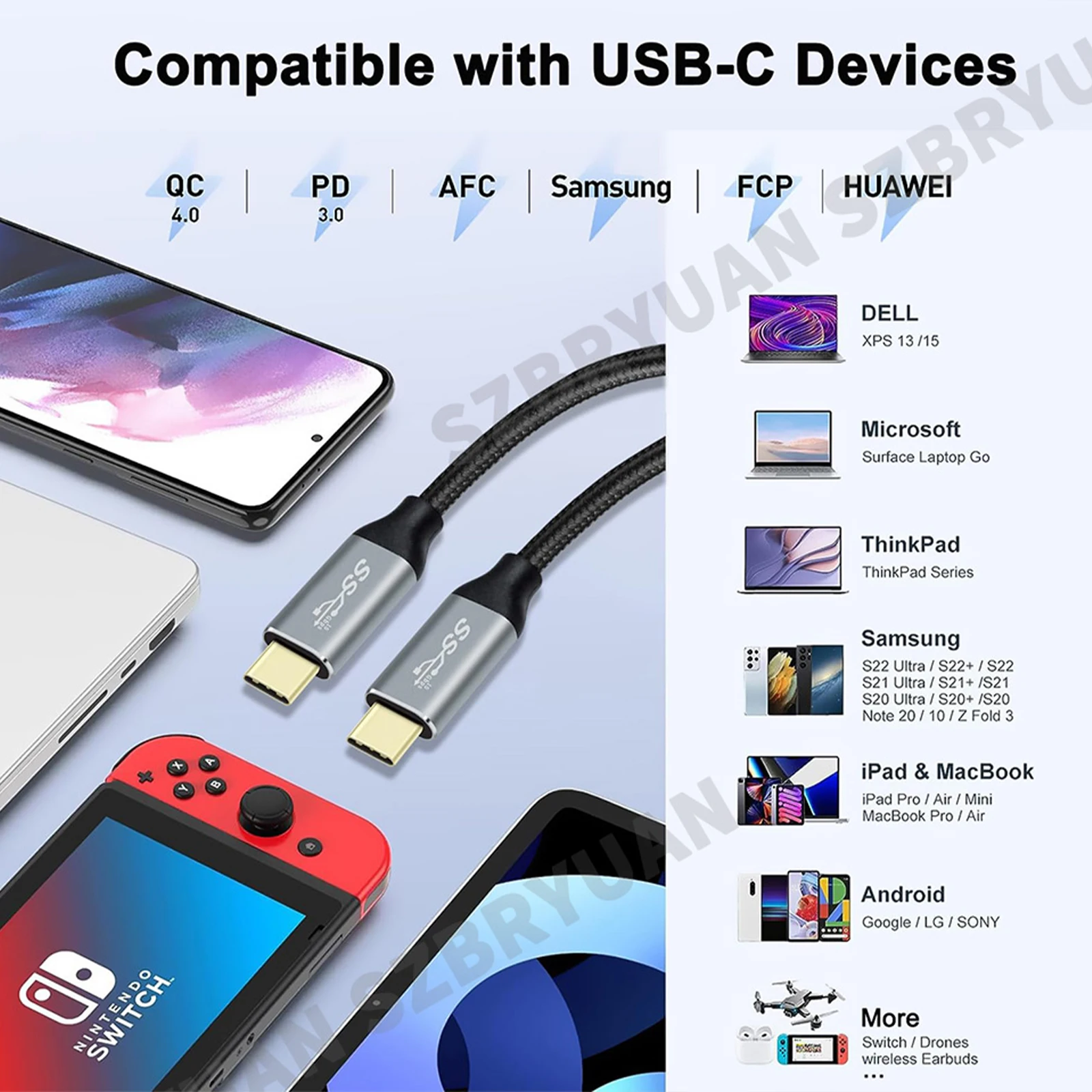 USB نوع C إلى USB C 3.1 Gen2 10Gbps كابل PD 100 واط 5A شحن سريع الكوع كابل لماك بوك 4k 60 هرتز نوع C كابل الفيديو 1/2/3 متر #6