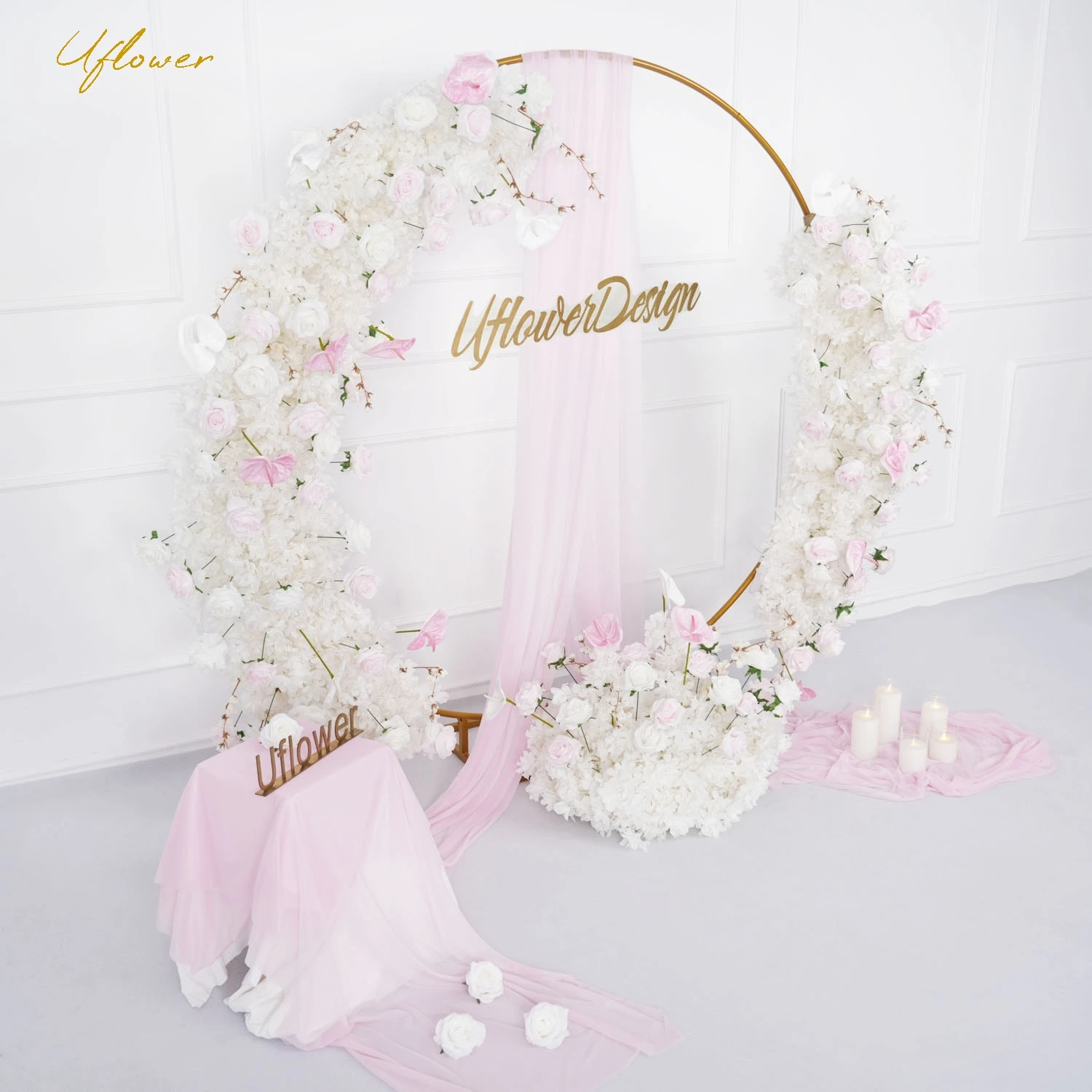 Uflower 5D White Pink Rose Wedding Flower Row Arch Cherry Blossom HangFloral Arrangement Backdrop Banquet Event Party Prop Decor