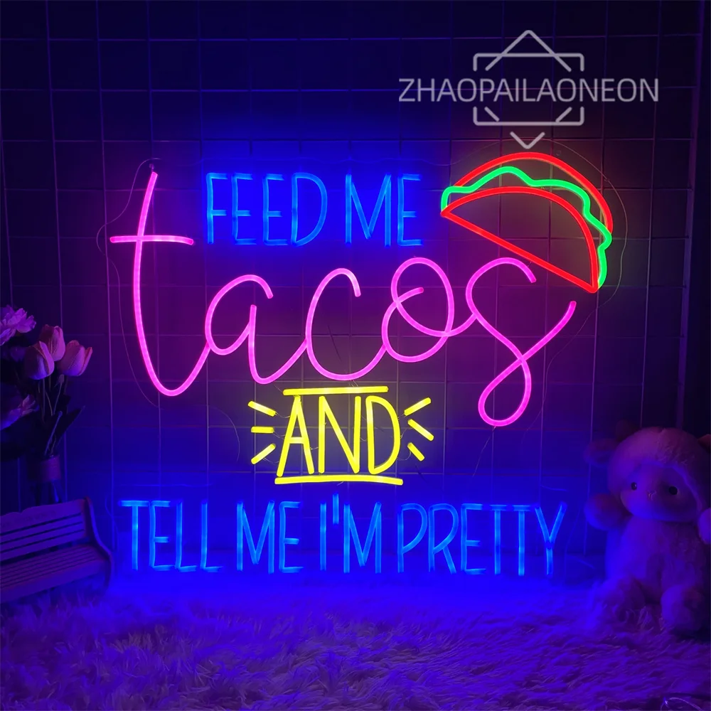 Большой знак Feed Me Tacos And Tell Me I'm Pretty Неоновая вывеска Ресторан Неоновый свет Украшение стены Магазин Вывеска Декор Led Закуска