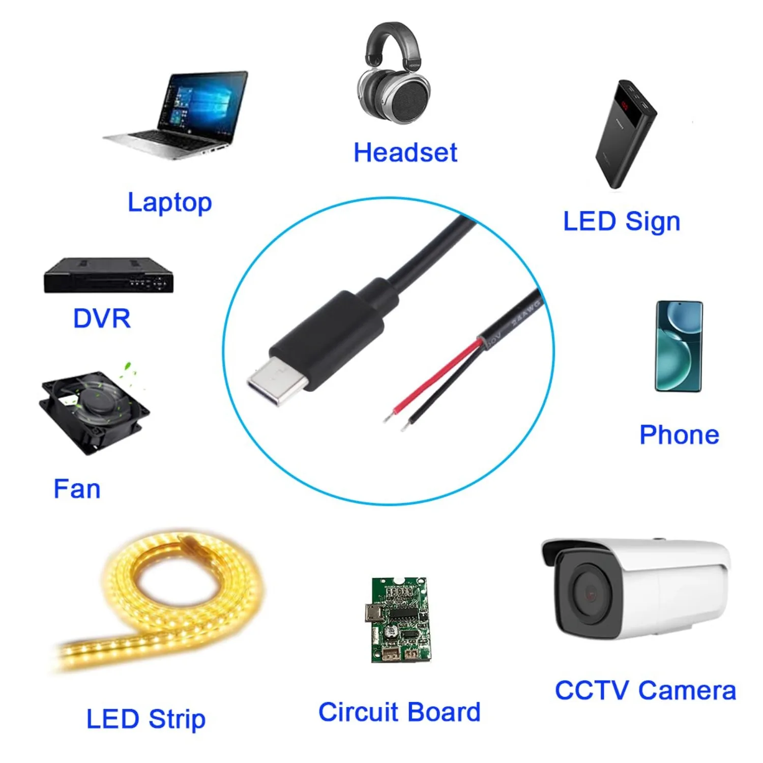 لتقوم بها بنفسك لمعدات USB C المثبتة 24AWG USB نوع C ذكر ضفيرة 5 فولت 3A Singe USB C إلى 2 دبوس سلك عاري نهاية مفتوحة وصلة كابل 0.3/1 متر #1