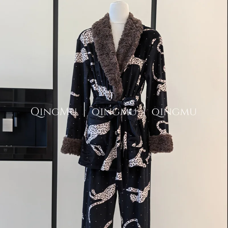 Sexy Women Luxury Leopard Print Long Sleeve Island Fleece Pajama 2piece Set Mandarin Collar Warm Thick Nightgown Sleepwear