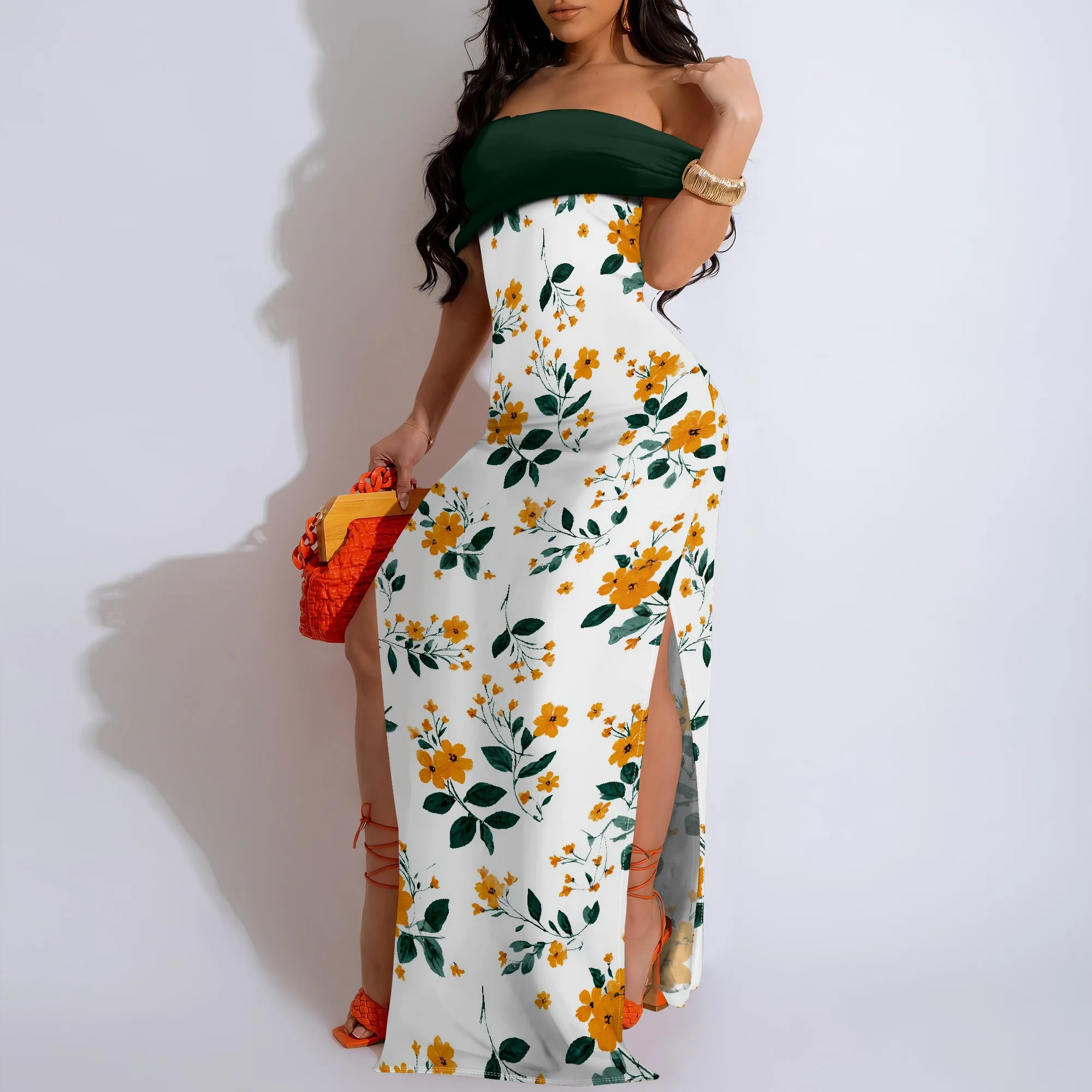 Women's Summer Maxi Bodycon Dresses Strapless Tube Top Slit Floral Printed Party Club Long Dress