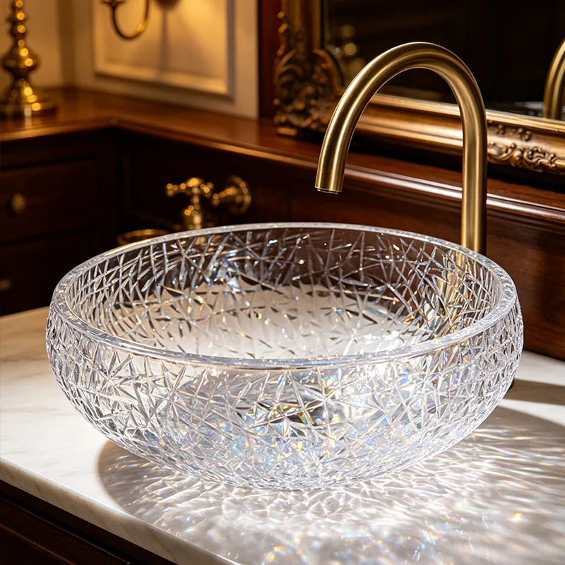 Transparent Glass Countertop Basin, with a Simple and Elegant Round Shape, Allowing Light to Penetrate and Reflect Dynamic Shadows, Creating a Rich Atmosphere. the Three-Dimensional Ice-Crack Design Adds More Layers of Light and Shadow, Making It an Ideal Choice for Modern Bathroom Fixtures, Suitable for Dressing Rooms, Vanity Tables, and Home Bathroom Sinks, and Can Be Matched with Various Decor Styles (Accessories Not Included)
