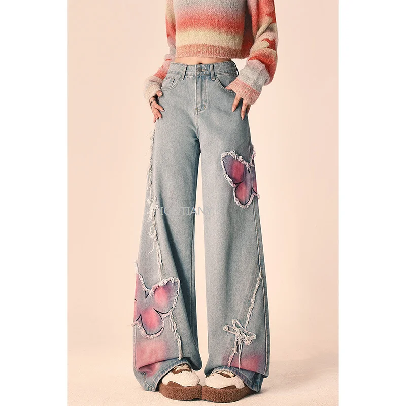 New Women Butterfly Print Blue Black Straight Jeans High Waist Wide Leg Baggy Pants Vintage High Waisted Raw Edge Denim Trousers