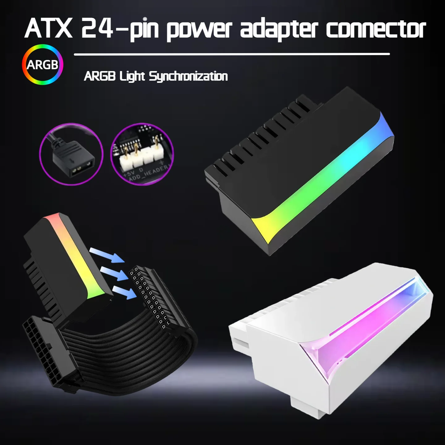 ATX 24-Pin ARGB Power Adapter Connector, 5V 3Pin ARGB Sync Motherboard Power Supply Adapter for PC Case Modding