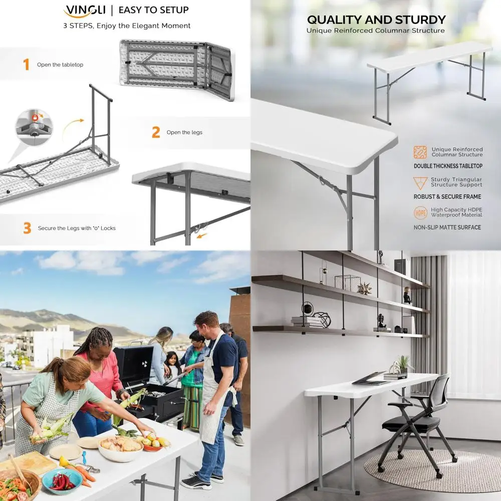 

Compact 6ft Folding Table with Half-fold Design, Durable HDPE Top and Metal Frame, Ideal for Buffet, Events, and Home Office, Wh