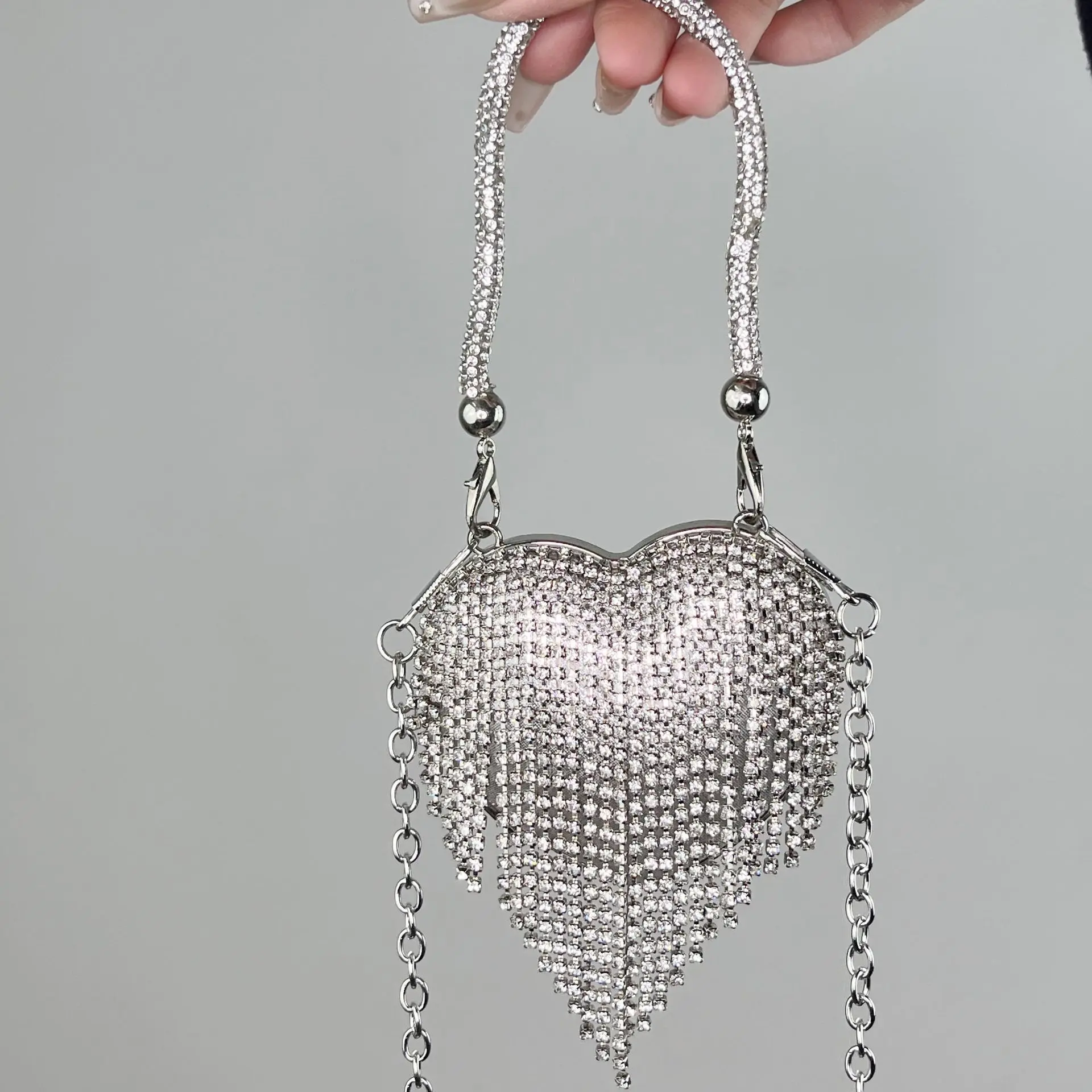 Fashion Mini Heart Shape Crystal Chain Bag Women Crossbody Evening Party Rhinestone Versatile Minimalist Handbag Sparkly Bling view 2