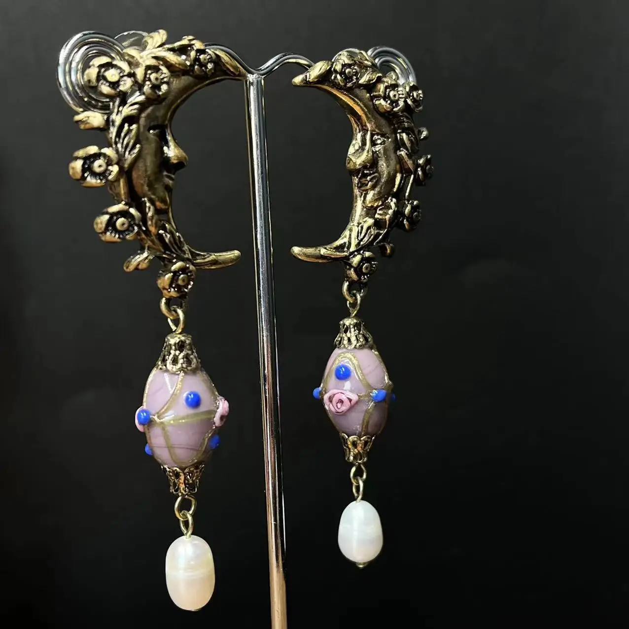 Vintage Flower Moon Glass Pendant Earrings Palace Light Luxury Heavy Work Old Retro Pearl