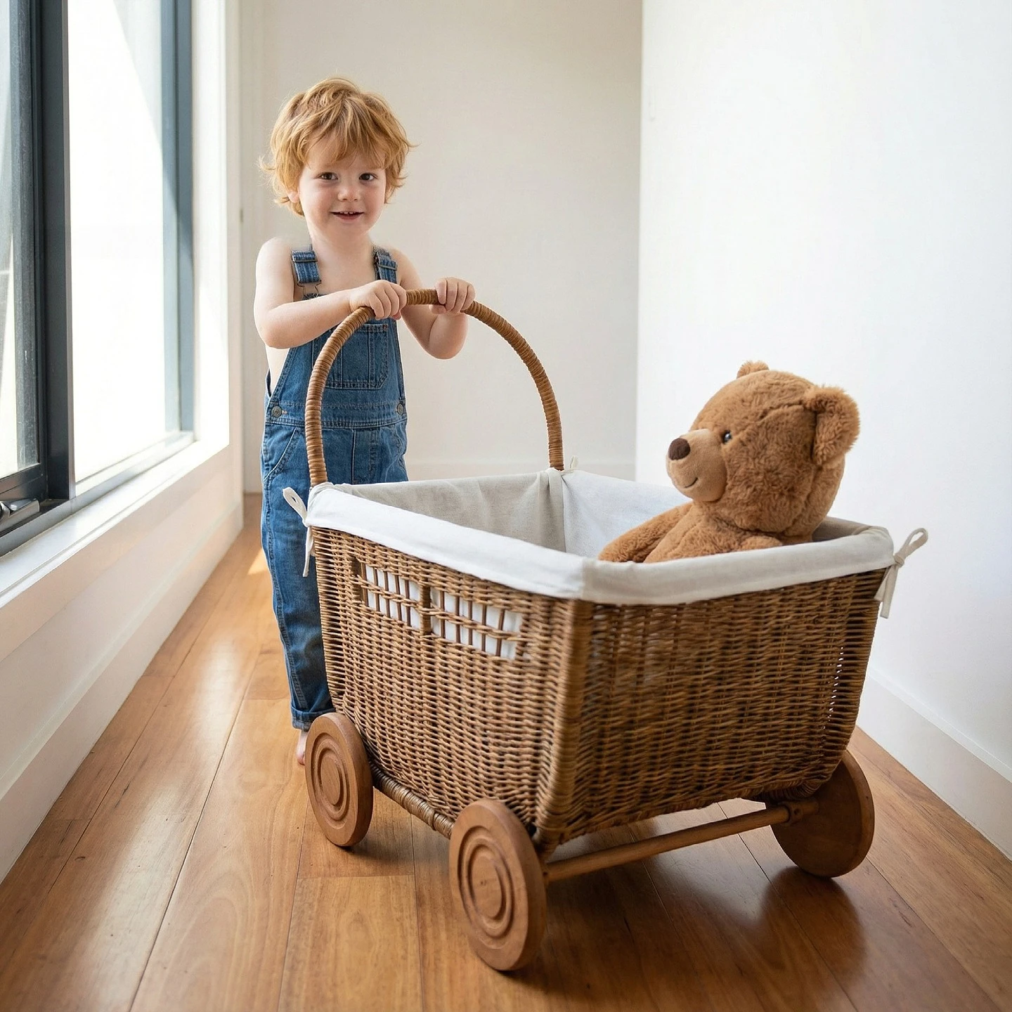 Hand Woven Wicker Storage Cart For Kids Toy Organizer Portable Rolling Basket Children Playroom Storage Trolley