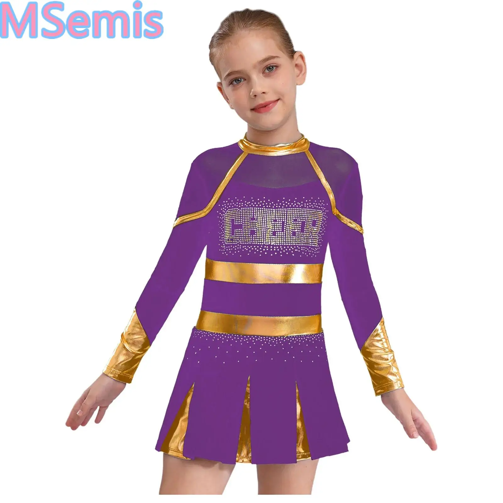 Kids Girls Cheerleading Dress Dance Costume Glittery Rhinestones Letter Pattern Metallic Contrast Color Patchwork Pleated Dress