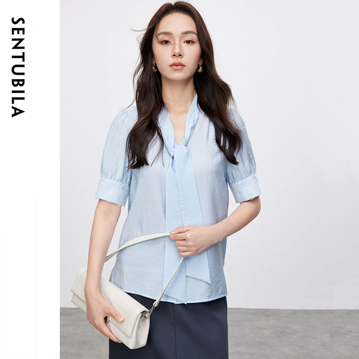 SENTUBILA Chiffon Ribbon Women Shirt 2025 Summer New Patchwork Lace Short Sleeve Sweet Commuting Solid Blouses Lady 152V59132