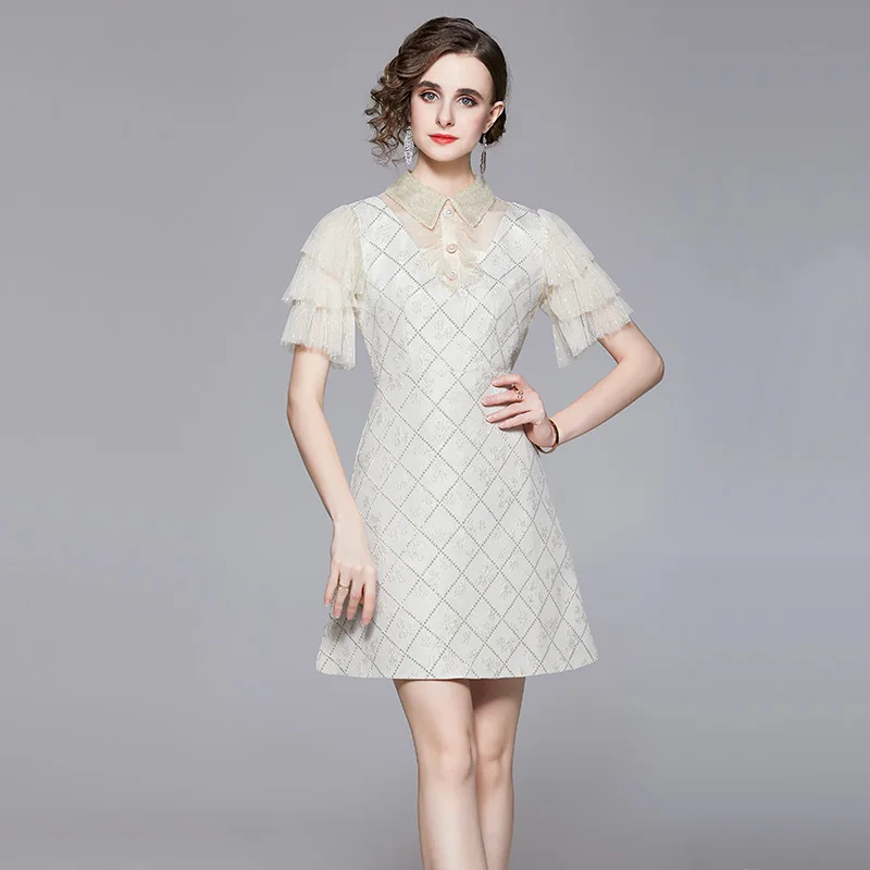 Vintage Summer Jacquard Dress Women Lapel Collar Ruffles Sleeve Patchwork Pearl Button Gold Lining Embroidery Mini Party Dresses