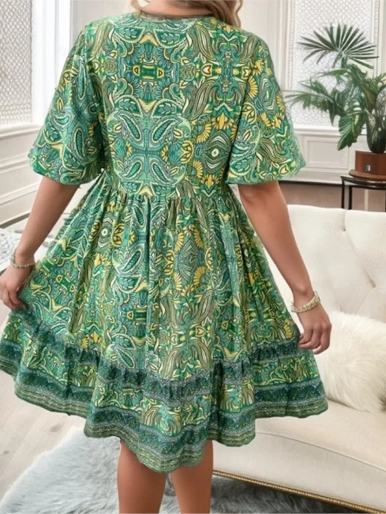 Minivestido bohemio con estampado Floral para mujer, vestido de manga corta con cuello de pico, informal, holgado, para vacaciones y playa, verano