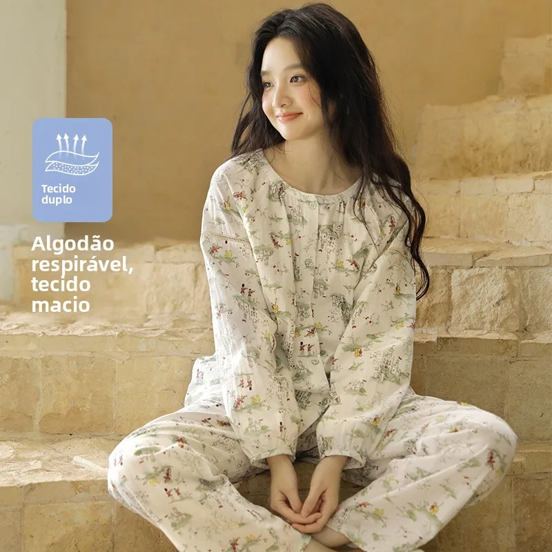 pure-cotton-gauze-sleepwear-set-women's-round-neck-long-sleeve-home-clothes-thin-moisture-wicking-comfortable-spring-autumn