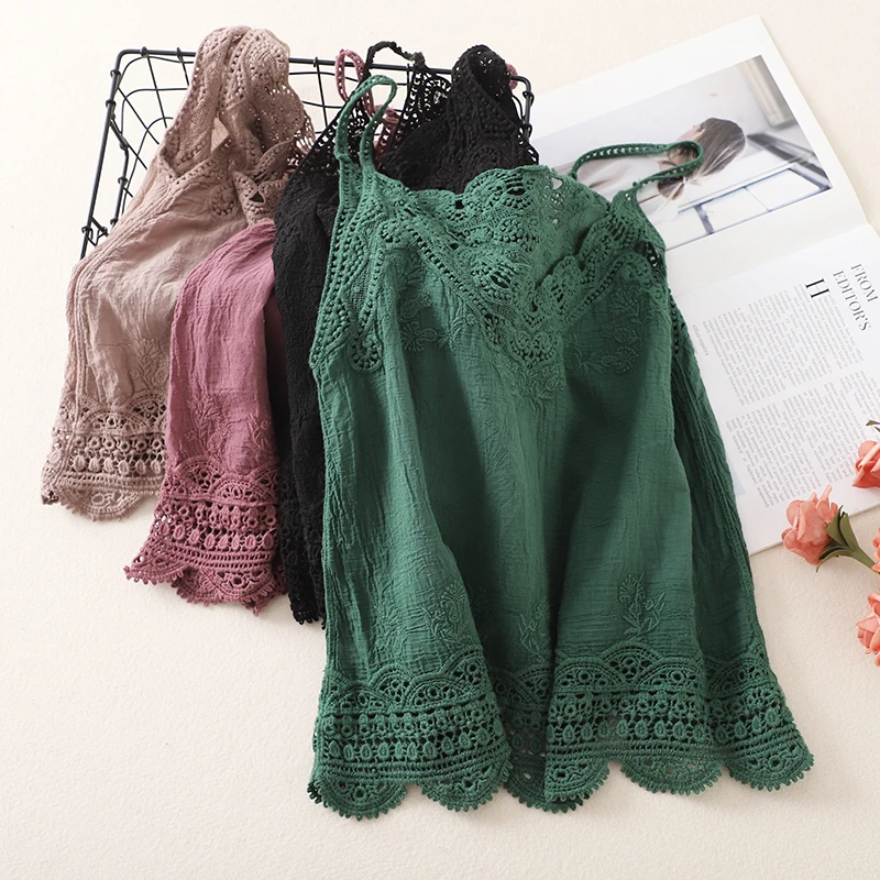 Cotton Lace Trim Strap Vest Women Summer New Loose Sleeveless Base Shirt Top Artistic Style Embroidered Straight Cut Cotton L...