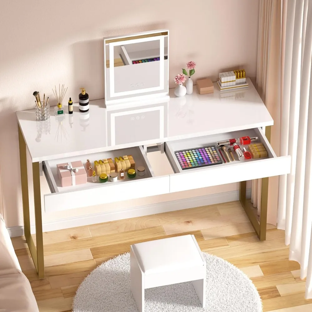 GreenForest Vanity Desk with 2 Drawers Glossy White 39 inch Modern Home Office Computer Desk Makeup Dressing Console Table