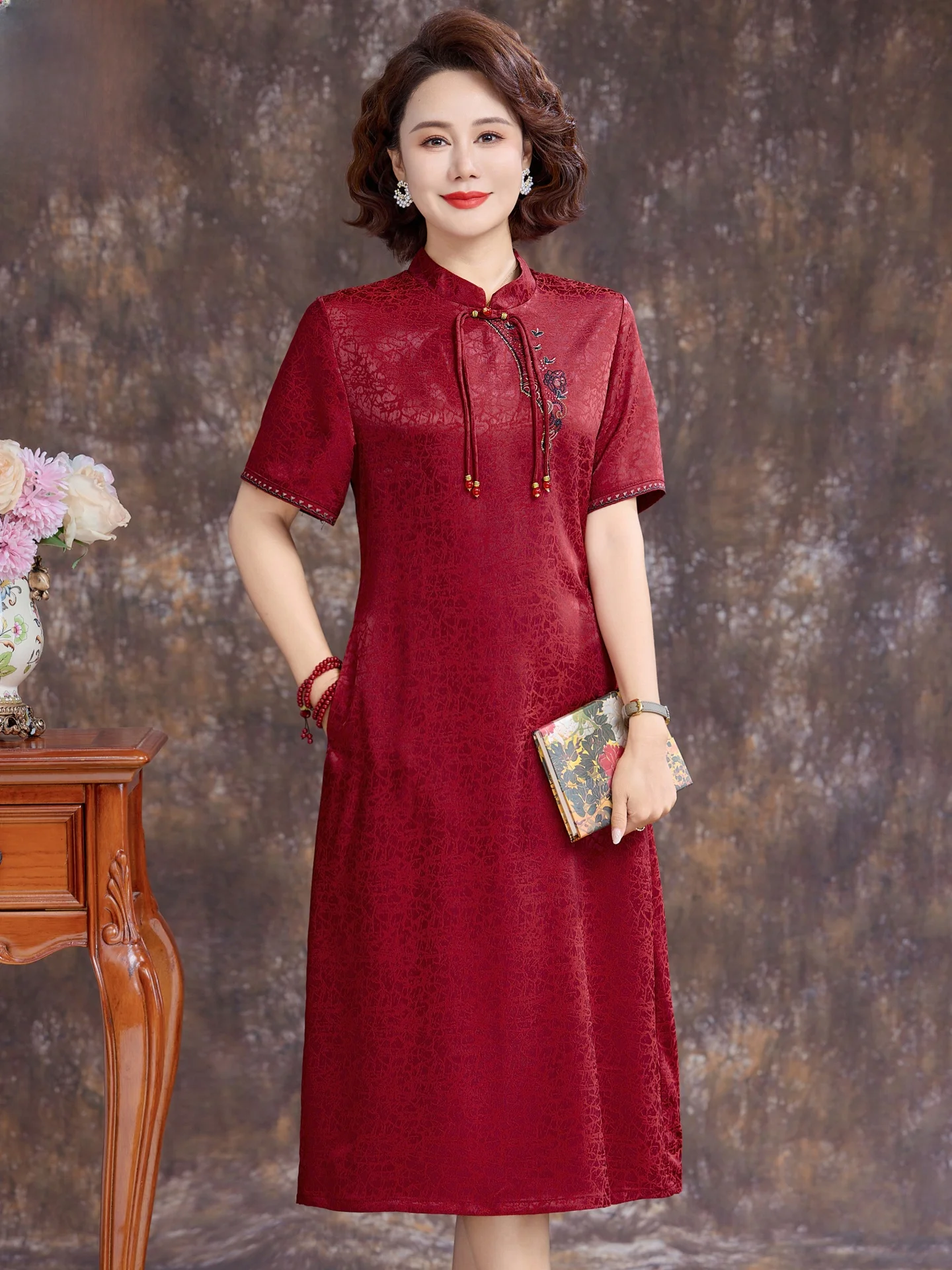 

Wedding Dress Silk Long Skirt Large Size Women's Fashionable Summer New Style Wedding Celebration Mother of the Bride Gown