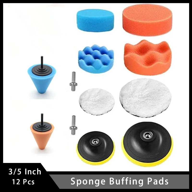 12 Pcs Polishing Pads 3 Inch/5 Inch with Sponge Buffing Pads Waxing Pads M10 Drill Adapter for Polishing and Sealing Glaze