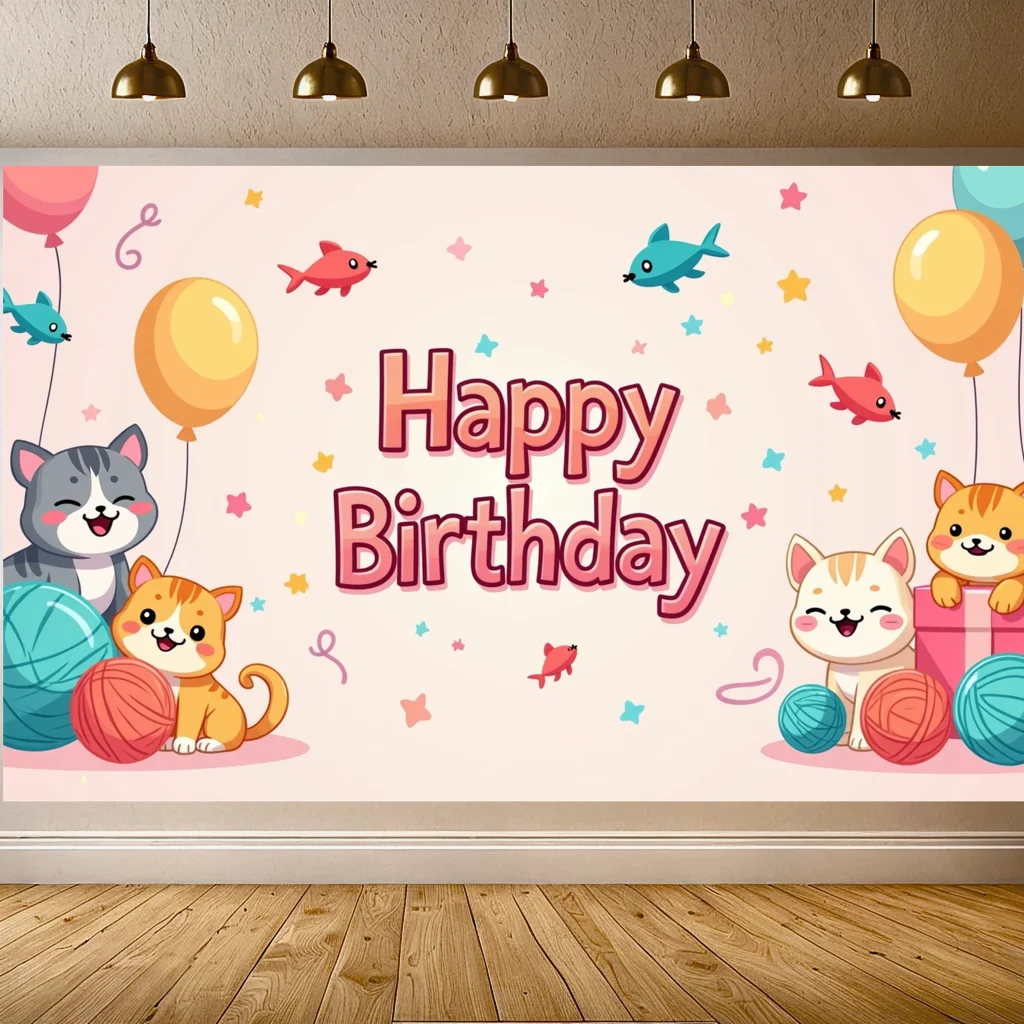 Happy Birthday Cat Theme Backdrop Banner for Kids Party Decoration Background Photo Shoot Playroom Decoration Party Supplies