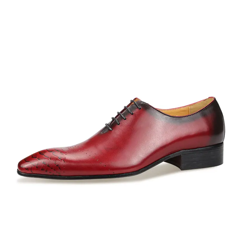 Vintage Formal Oxford Cow Leather Dress Shoes Fashion Men\'s Lace Up Elegant Business Wedding Pointed Toe Office Color Red Black