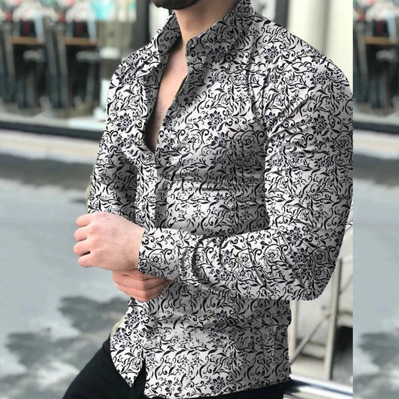 

Men's Shirt Navy Lapel Cardigan Floral Long Sleeves Slim Fit For Daily Casual Muscle Mens s Clothing 2024