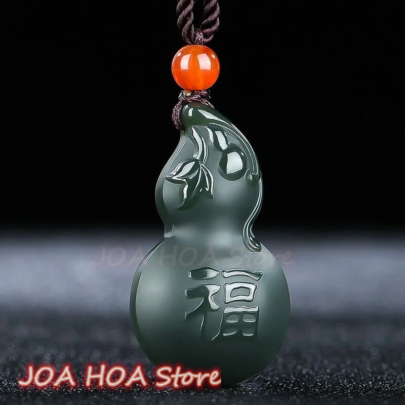 A-grade Natural Hetian Jade Hand-carved Qing-jade Hanging Necklace With Finely Carved Gourd Fengshui Pendant Fine Jewelry