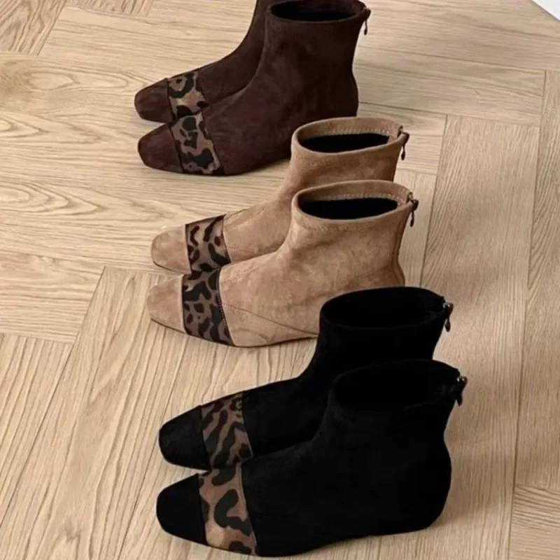 Dedo do pé quadrado botas de meia feminina leopardo cor misturada volta zíper quadrado meados de salto meia bota botas de plataforma sapatos para mulher