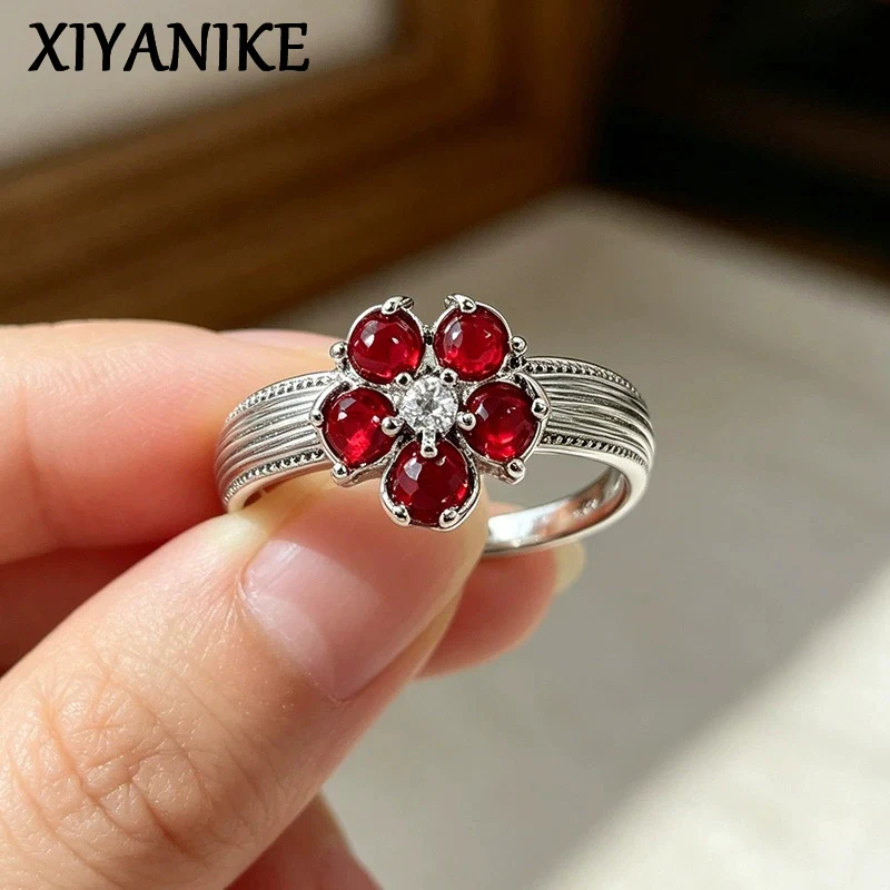 XIYANIKE Vintage Red Zircon Flower Adjustable Finger Rings For Women Girl Niche Fashion New Jewelry Gift Party Daily кольцо