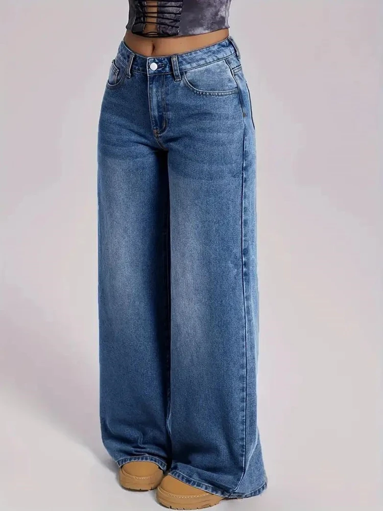 zjaiss 2026 New Vintage Blue Loose Wide Leg Denim Jeans For Women Trendy Casual Versatile Retro Floor-Length Pants