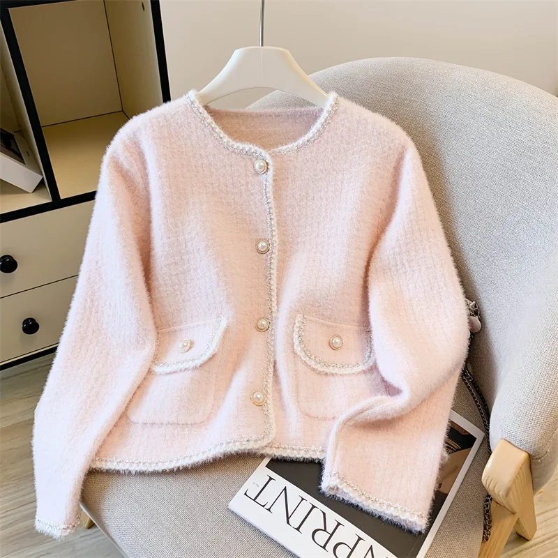 

ALPHALMODA 2025, имитация норки, вязаная куртка, для женщин, осень, новинка, короткий, милый нежный вязаный кардиган, свободный топ