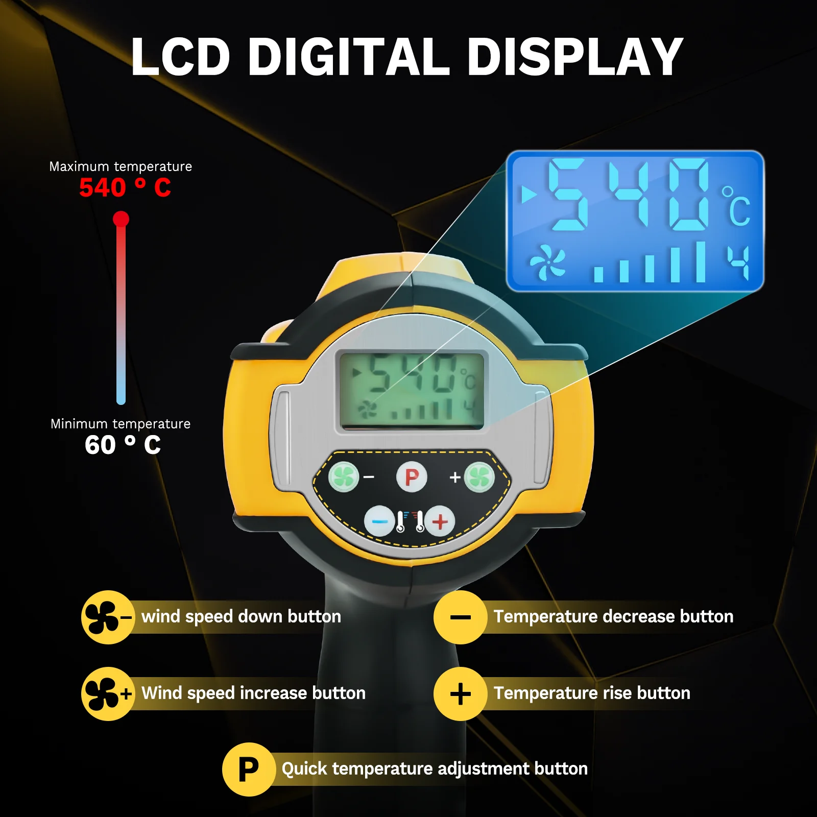 Imagem -04 - sem Fio Pistola de ar Quente Elétrica Pistola de Calor Industrial Display Digital Lcd Temperaturas Ajustáveis Bateria 20v sem Bateria