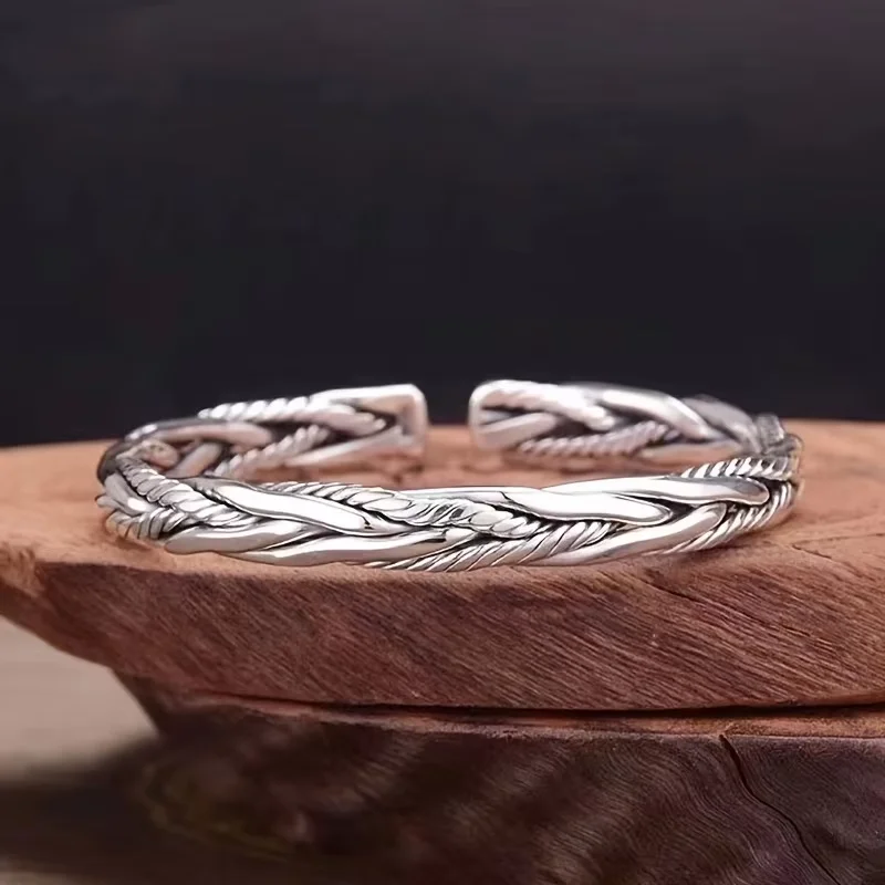 One, European and American Antique Silver Bracelet, Male and Female Personality, Fried Dough Twists Opening Adjustable Bracelet