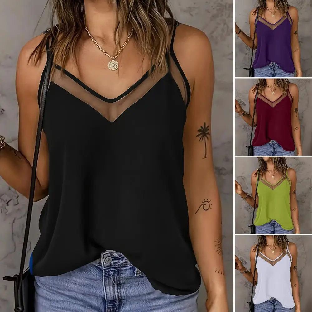 Summer Women Shirt Stylish Loose V-neck Adjustable Sleeveless Spaghetti Strap All Match Camisole Top