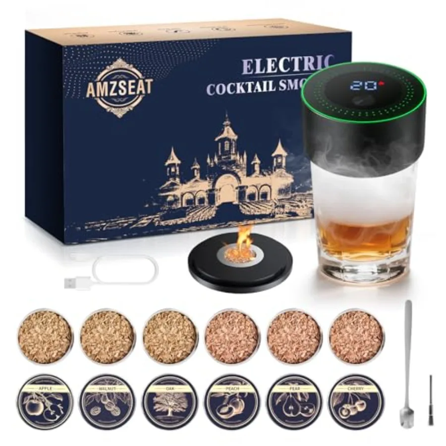 

Electric Whiskey Smoker Kit-Rechargeable Cocktail Smoker Set with 6 Wood Chips-Unique Bourbon Ideal Christmas Birthday Valentin