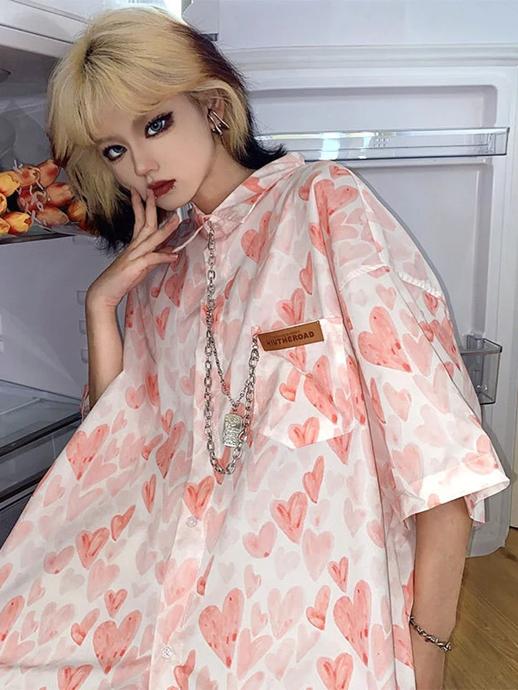 Deeptown Tuen Down Collar Short Sleeve Blouse Women Shirts Elegant Heart Love Print Autumn Casual Y2k Top 2023 Fashion New In