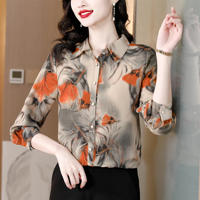 French Printed Woman Blouse Silk Satin Shirt Elegant Loose Lantern Sleeve Office Ladies Spring Autumn Pullover Tops