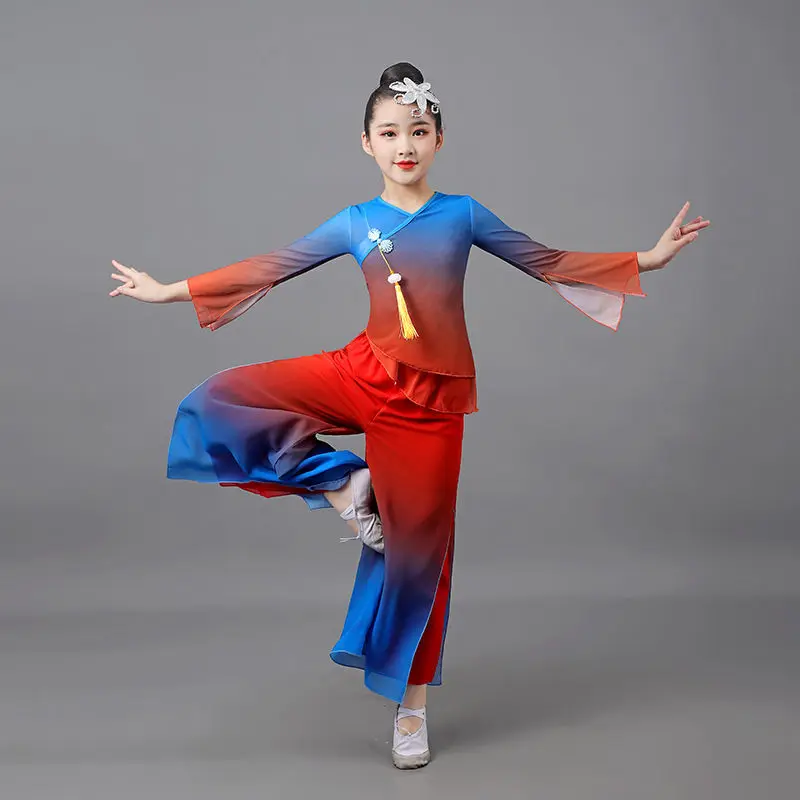 Children's New Gauze Classical Dance Cheongsam Wide-Leg Pants Chinese Dance Costume Girls Training Uniform Dancing Unifom LE003